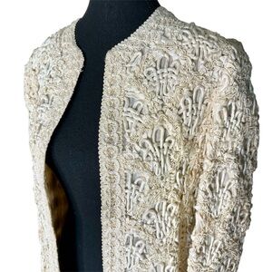 Vintage Couture Embroidered Woven Cord Rosettes Ivory Cream Blazer Jacket *Flaw